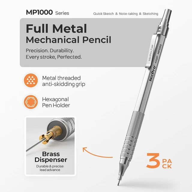 Alt view image 2 of 7 - 0.9 mm Metal Mechanical Pencil Set with Case 3PCS MP1000 0.9mm Drafting Pencil, 480PCS HB Lead Refills, 3PCS Eraser&Refills for Artist Writing, Drawing, Sketching, Silver