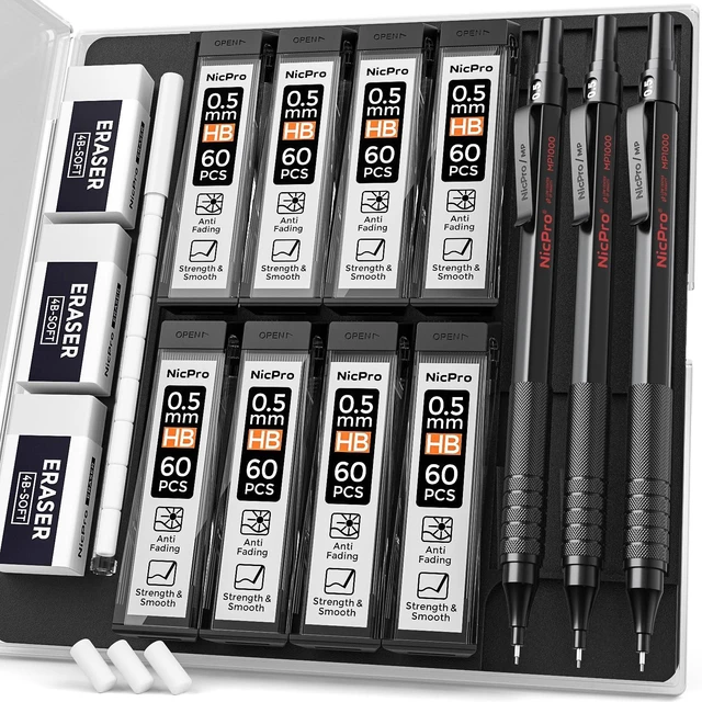 Main image of 0.5 mm Mechanical Pencils Set with Case, Full Metal Pencil, 3 Pack 480PCS HB Lead Refills, 3 Erasers,9 Eraser Refills For Architect Art Writing Drafting, Drawing, Engineering, Sketching, Black