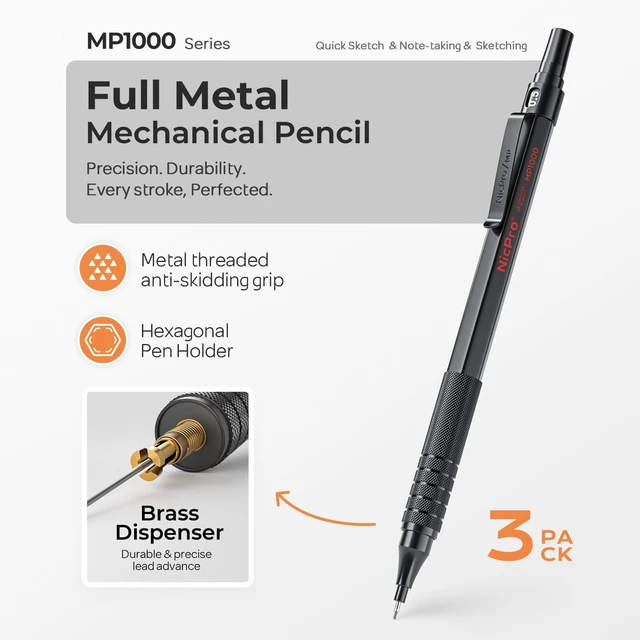 Alt view image 2 of 7 - 0.5 mm Mechanical Pencils Set with Case, Full Metal Pencil, 3 Pack 480PCS HB Lead Refills, 3 Erasers,9 Eraser Refills For Architect Art Writing Drafting, Drawing, Engineering, Sketching, Black