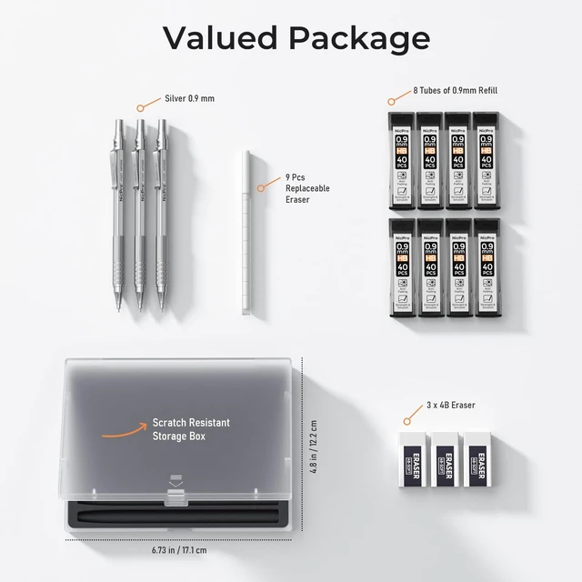 Alt view image 7 of 7 - 0.9 mm Metal Mechanical Pencil Set with Case 3PCS MP1000 0.9mm Drafting Pencil, 480PCS HB Lead Refills, 3PCS Eraser&Refills for Artist Writing, Drawing, Sketching, Silver