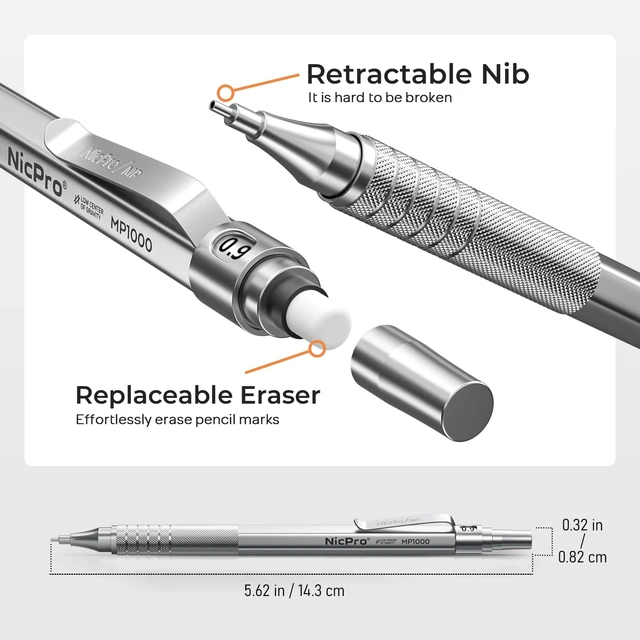 Alt view image 3 of 7 - 0.9 mm Metal Mechanical Pencil Set with Case 3PCS MP1000 0.9mm Drafting Pencil, 480PCS HB Lead Refills, 3PCS Eraser&Refills for Artist Writing, Drawing, Sketching, Silver