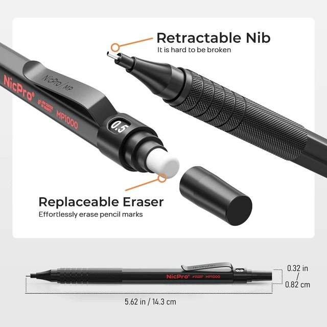 Alt view image 3 of 7 - 0.5 mm Mechanical Pencils Set with Case, Full Metal Pencil, 3 Pack 480PCS HB Lead Refills, 3 Erasers,9 Eraser Refills For Architect Art Writing Drafting, Drawing, Engineering, Sketching, Black