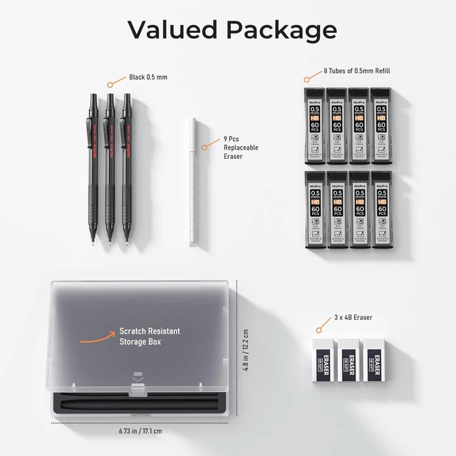Alt view image 7 of 7 - 0.5 mm Mechanical Pencils Set with Case, Full Metal Pencil, 3 Pack 480PCS HB Lead Refills, 3 Erasers,9 Eraser Refills For Architect Art Writing Drafting, Drawing, Engineering, Sketching, Black