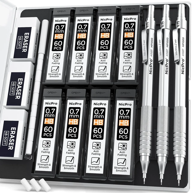Main image of 0.7mm Metal Mechanical Pencil Set with Case 3PCS MP1000 0.7 Lead Pencil With 8 Tube HB Refills, 3 Erasers & 9 Refill For Artist Drafting Drawing Engineering Sketching