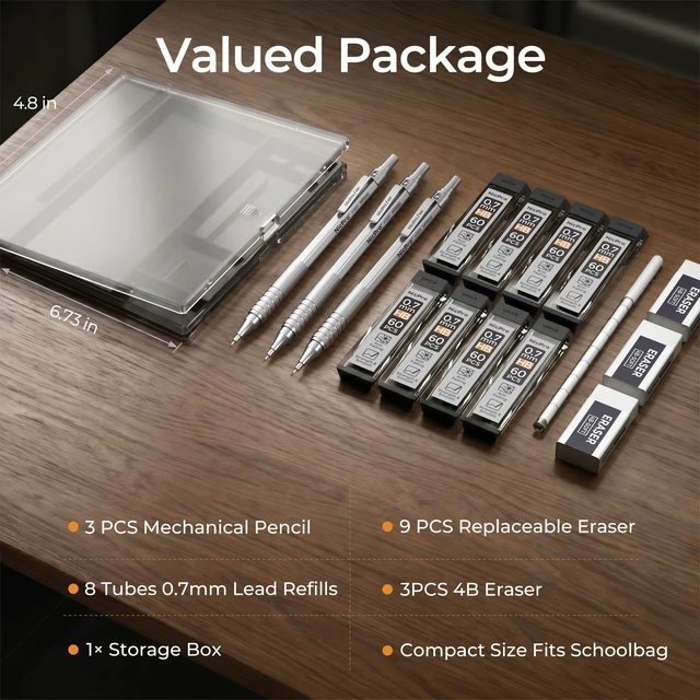 Alt view image 7 of 7 - 0.7mm Metal Mechanical Pencil Set with Case 3PCS MP1000 0.7 Lead Pencil With 8 Tube HB Refills, 3 Erasers & 9 Refill For Artist Drafting Drawing Engineering Sketching