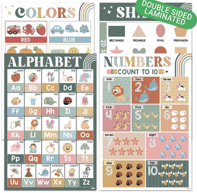 Main image of ABC Alphabet Poster, 4 Pack 16x24 Modern Boho Chart Educational Number Color Shape for Classroom Decor, Learning Chart, Homeschool Supplies, Double Laminated