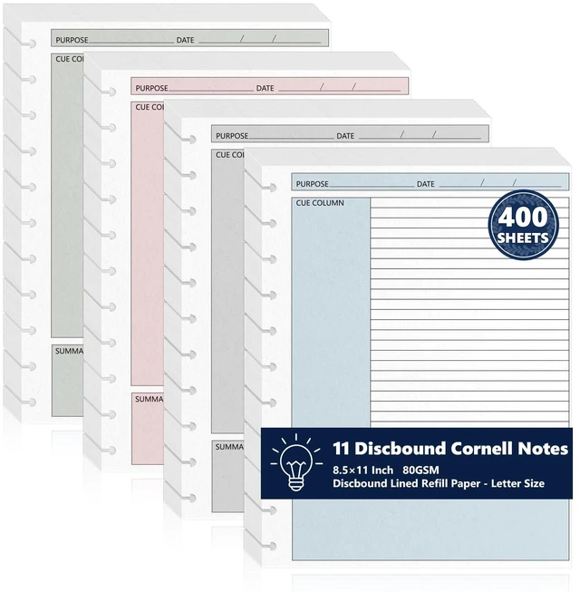 Main image of 400 Sheet 11-Disc Cornell Notes Loose Leaf Paper 8.5×11 Inch for Discbound Planner Letter Size College Ruled Cornell Note Notebook 9/32" Spacing Taking System Filler Paper for School Office 80gsm