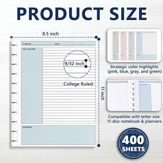 Alt view image 2 of 7 - 400 Sheet 11-Disc Cornell Notes Loose Leaf Paper 8.5×11 Inch for Discbound Planner Letter Size College Ruled Cornell Note Notebook 9/32" Spacing Taking System Filler Paper for School Office 80gsm