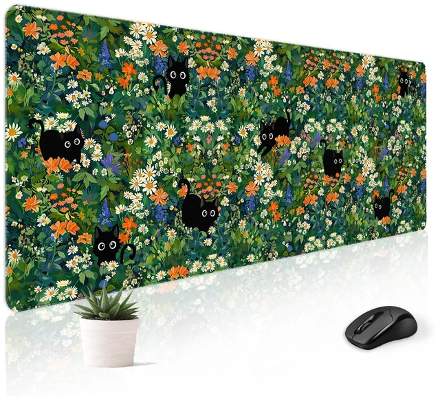 Main image of Cute Desk Mat for Keyboard Desktop Extra Large Mouse Pad, Black Cat Desk Top Computer Deskmat, XL, XXL, Long, Aesthetic, Modern Girly Design, for Women, Girls, 30"x12"