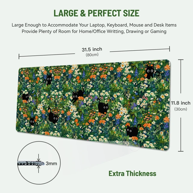 Alt view image 2 of 6 - Cute Desk Mat for Keyboard Desktop Extra Large Mouse Pad, Black Cat Desk Top Computer Deskmat, XL, XXL, Long, Aesthetic, Modern Girly Design, for Women, Girls, 30"x12"