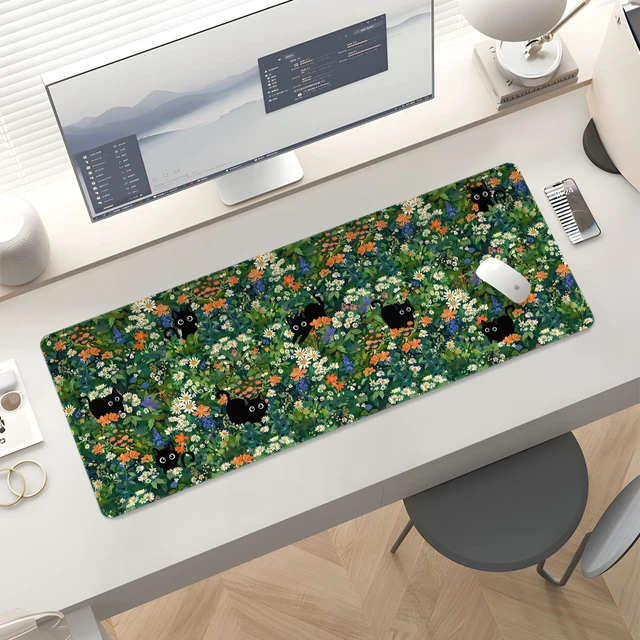 Alt view image 5 of 6 - Cute Desk Mat for Keyboard Desktop Extra Large Mouse Pad, Black Cat Desk Top Computer Deskmat, XL, XXL, Long, Aesthetic, Modern Girly Design, for Women, Girls, 30"x12"