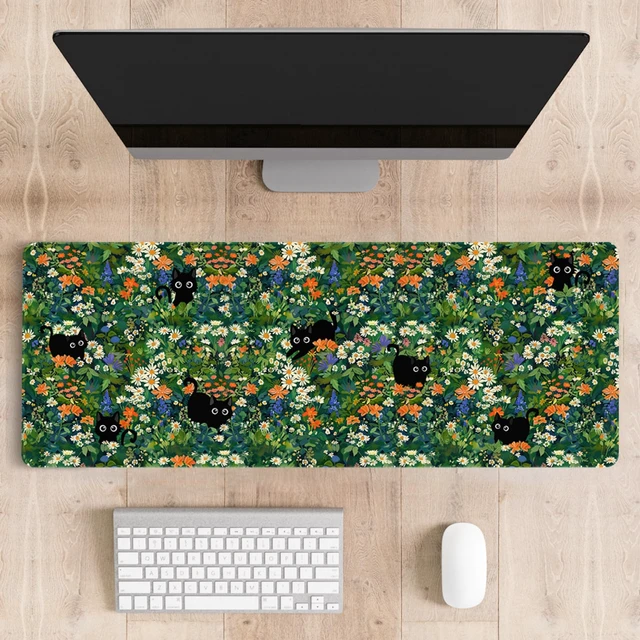 Alt view image 6 of 6 - Cute Desk Mat for Keyboard Desktop Extra Large Mouse Pad, Black Cat Desk Top Computer Deskmat, XL, XXL, Long, Aesthetic, Modern Girly Design, for Women, Girls, 30"x12"