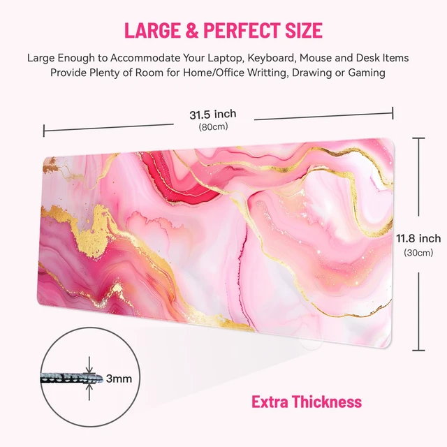 Alt view image 2 of 6 - Cute Desk Mat for Keyboard Desktop Extra Large Mouse Pad, Marble Desk Top Computer Deskmat, XL, XXL, Long, Aesthetic, Modern Girly Design, for Women, Girls, 30"x12"