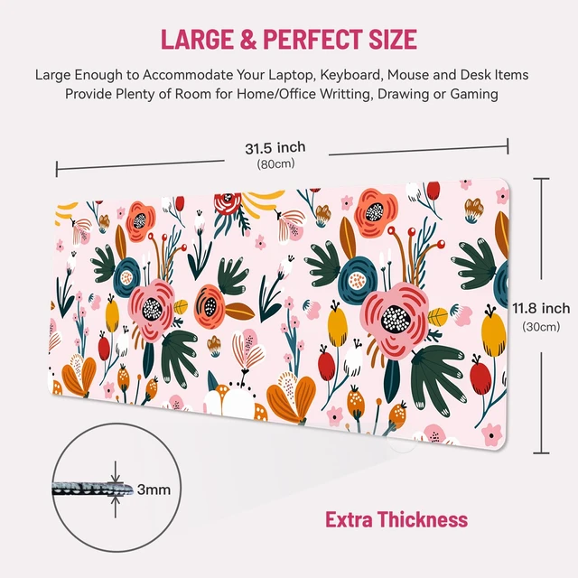 Alt view image 2 of 6 - Cute Desk Mat for Keyboard Desktop Extra Large Mouse Pad, Floral Desk Top Computer Deskmat, XL, XXL, Long, Aesthetic, Modern Girly Design, for Women, Girls, 30"x12"