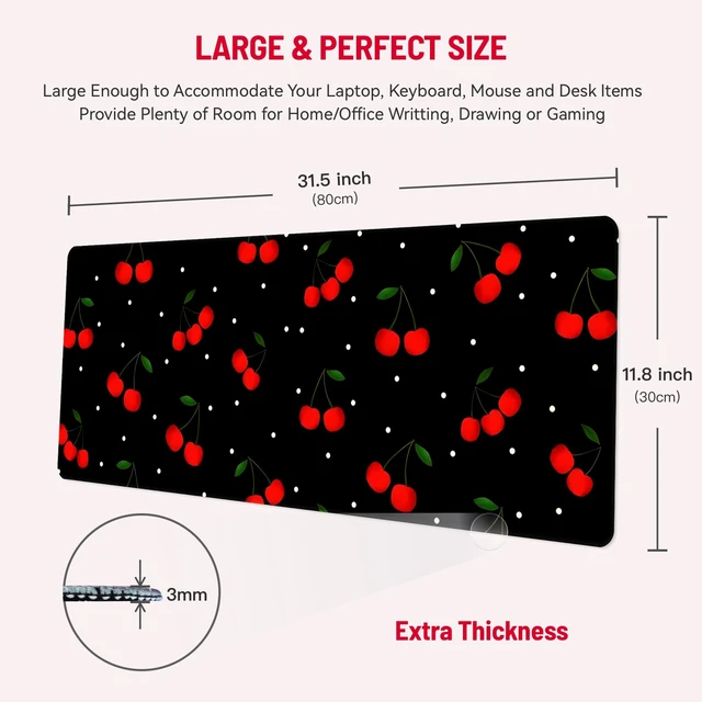 Alt view image 2 of 6 - Cute Desk Mat for Keyboard Desktop Extra Large Mouse Pad, Cherry Desk Top Computer Deskmat, XL, XXL, Long, Aesthetic, Modern Girly Design, for Women, Girls, 30"x12"