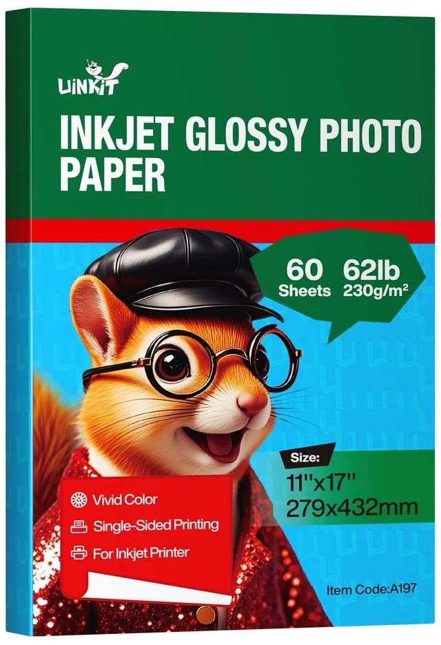 Main image of 230gsm Thick Glossy Photo Paper for Inkjet, 11x17, 60 Sheets Single-sided 11.1mil glossy sheets for dye-ink printers that handle thick media; quick-dry finish for vivid large prints