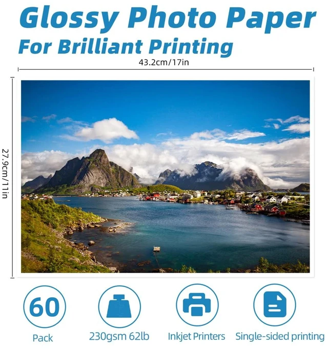 Alt view image 3 of 7 - 230gsm Thick Glossy Photo Paper for Inkjet, 11x17, 60 Sheets Single-sided 11.1mil glossy sheets for dye-ink printers that handle thick media; quick-dry finish for vivid large prints