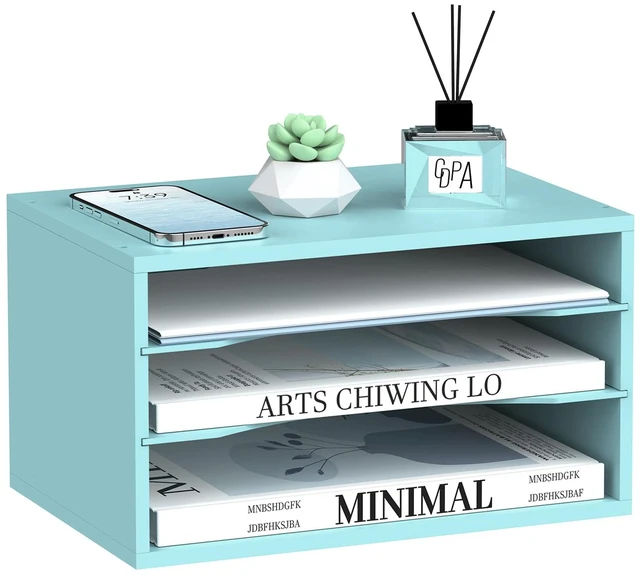 Main image of 3 Tier Wood Desk Organizer, Mail Sorter and Paper Organizer for Desk, Blue Wooden Desktop Organizer for Sorting Papers, Letters and Mails, Literature Organizer for Home Office, Classroom Organization
