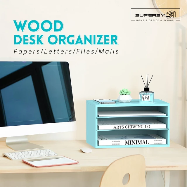 Alt view image 2 of 6 - 3 Tier Wood Desk Organizer, Mail Sorter and Paper Organizer for Desk, Blue Wooden Desktop Organizer for Sorting Papers, Letters and Mails, Literature Organizer for Home Office, Classroom Organization