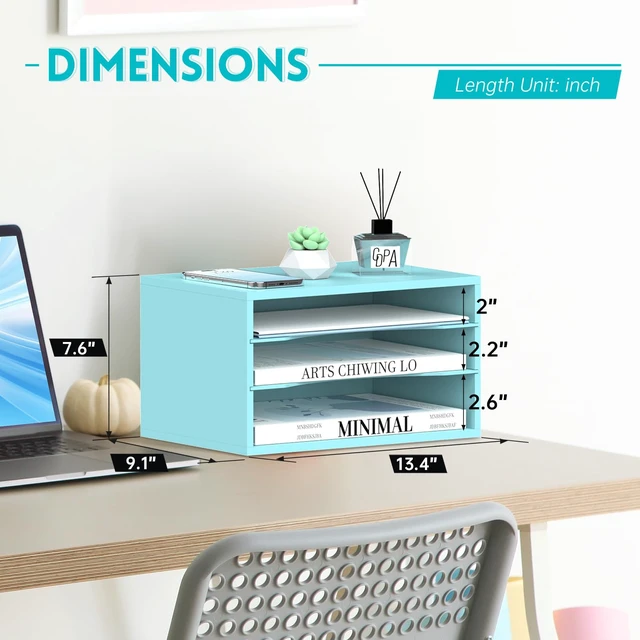 Alt view image 3 of 6 - 3 Tier Wood Desk Organizer, Mail Sorter and Paper Organizer for Desk, Blue Wooden Desktop Organizer for Sorting Papers, Letters and Mails, Literature Organizer for Home Office, Classroom Organization