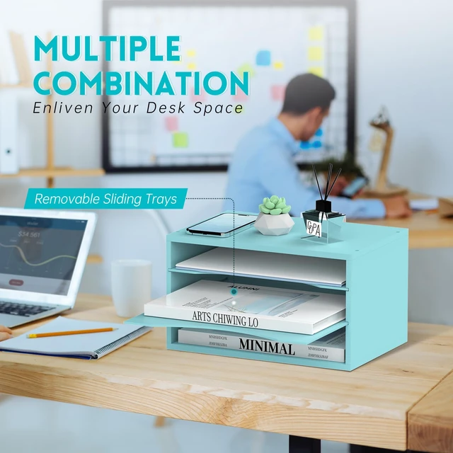 Alt view image 4 of 6 - 3 Tier Wood Desk Organizer, Mail Sorter and Paper Organizer for Desk, Blue Wooden Desktop Organizer for Sorting Papers, Letters and Mails, Literature Organizer for Home Office, Classroom Organization