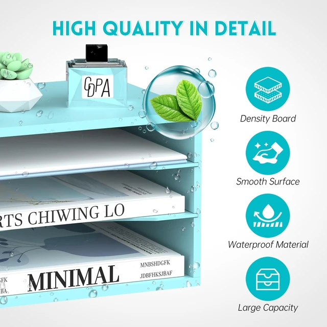Alt view image 5 of 6 - 3 Tier Wood Desk Organizer, Mail Sorter and Paper Organizer for Desk, Blue Wooden Desktop Organizer for Sorting Papers, Letters and Mails, Literature Organizer for Home Office, Classroom Organization