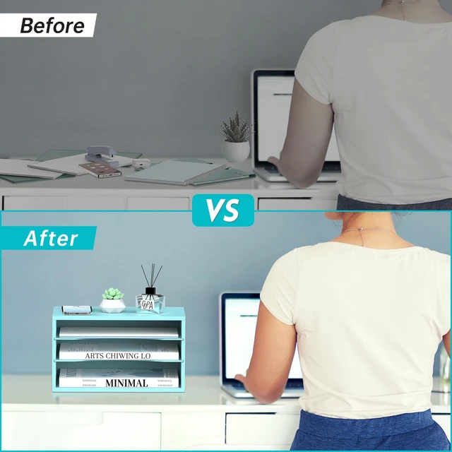 Alt view image 6 of 6 - 3 Tier Wood Desk Organizer, Mail Sorter and Paper Organizer for Desk, Blue Wooden Desktop Organizer for Sorting Papers, Letters and Mails, Literature Organizer for Home Office, Classroom Organization