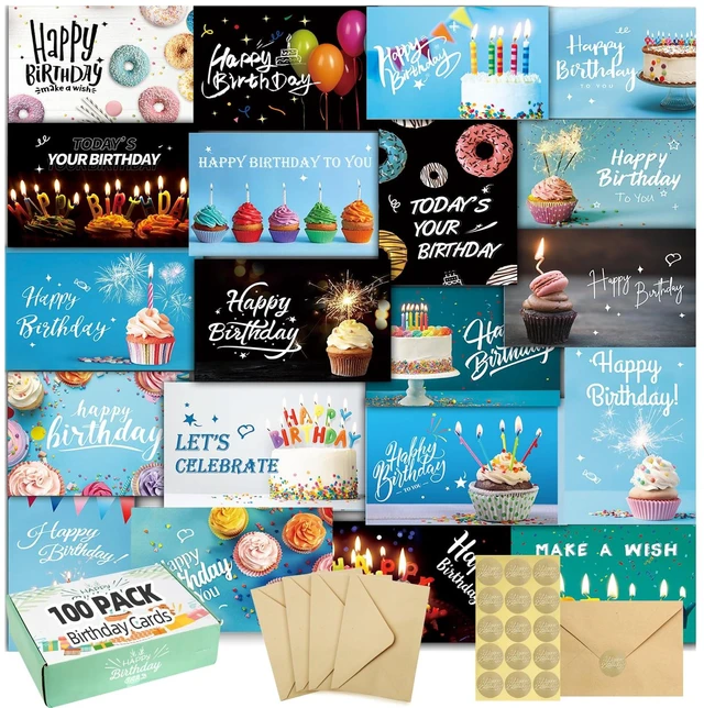 Main image of 100 Happy Birthday Cards with Envelopes, 20 Unique Designs, Birthday Cards Bulk with Short Generic Message Inside, 4x6 inches, Assorted Birthday Cards Assortment for Business, Office and Personal