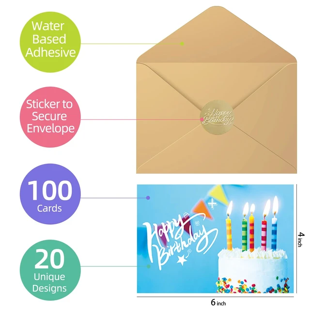 Alt view image 2 of 7 - 100 Happy Birthday Cards with Envelopes, 20 Unique Designs, Birthday Cards Bulk with Short Generic Message Inside, 4x6 inches, Assorted Birthday Cards Assortment for Business, Office and Personal