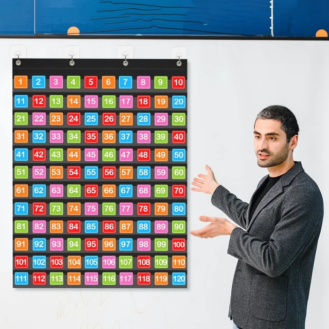Alt view image 5 of 7 - 120 Pockets Hundred Pocket Chart with 150 Pieces Double-Sided Number Cards,Number Pocket Chart for Students Classroom Home Counting and Organizer (Black-120 Pockets)