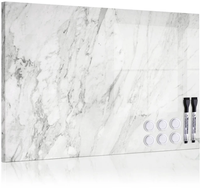 Main image of Decorative Magnetic Board for Wall, 24''x18'' Dry Erase Board, White Marble Magnet Board, Display Board, Wall Mounted, for Home, Office, Kitchen, 2 Markers, 6 Magnets