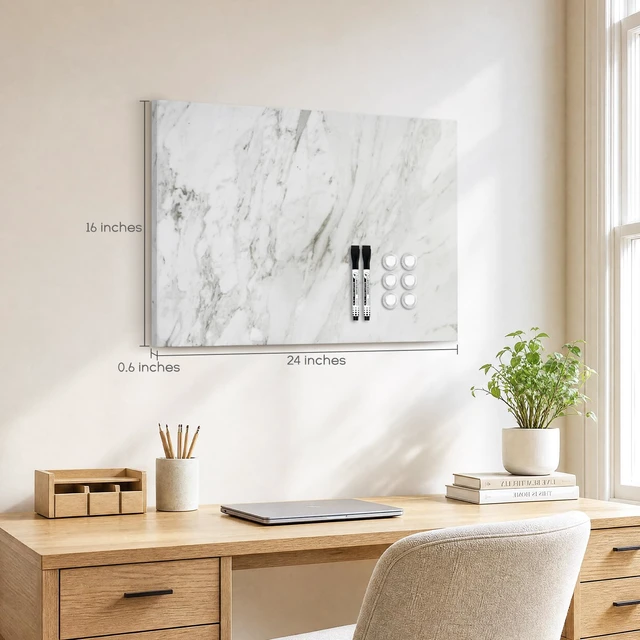 Alt view image 6 of 7 - Decorative Magnetic Board for Wall, 24''x18'' Dry Erase Board, White Marble Magnet Board, Display Board, Wall Mounted, for Home, Office, Kitchen, 2 Markers, 6 Magnets