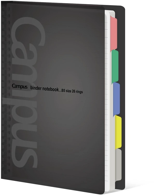Main image of 5 Subject Spiral Notebook, Campus B5 Refillable Journal with 5 Tab Dividers, 100 Sheets in 7mm Dotted Ruled Loose Leaf Paper, Black, Japan Import