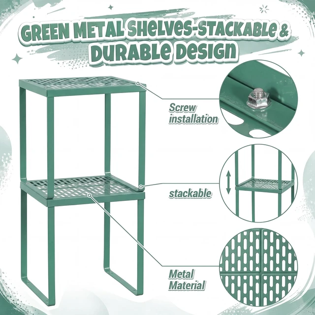 Alt view image 4 of 7 - 2 Pcs Metal Locker Organizer Shelf Stackable 2-Tier, Grayish Green Fits Standard School Office Gym Lockers, Sturdy Build, Open Grid Design for Visibility, 11x10x12 Inch Size, Hardware Included