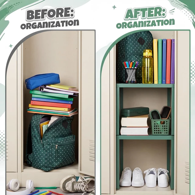 Alt view image 5 of 7 - 2 Pcs Metal Locker Organizer Shelf Stackable 2-Tier, Grayish Green Fits Standard School Office Gym Lockers, Sturdy Build, Open Grid Design for Visibility, 11x10x12 Inch Size, Hardware Included