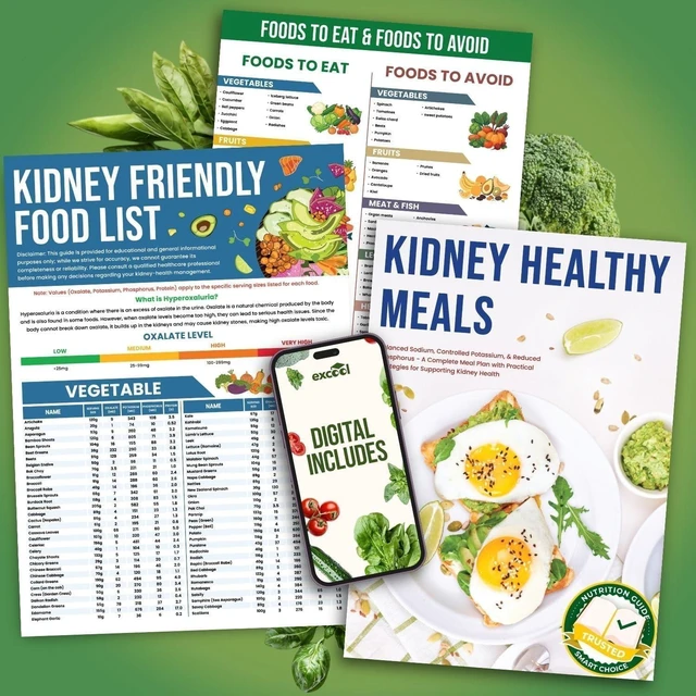 Main image of Laminated Kidney Friendly Food List Chart for CKD & Dialysis, Renal Diet Low Sodium, Potassium & Oxalate Foods, Daily Meal Planning, Recipes & Grocery Support for Kidney Health