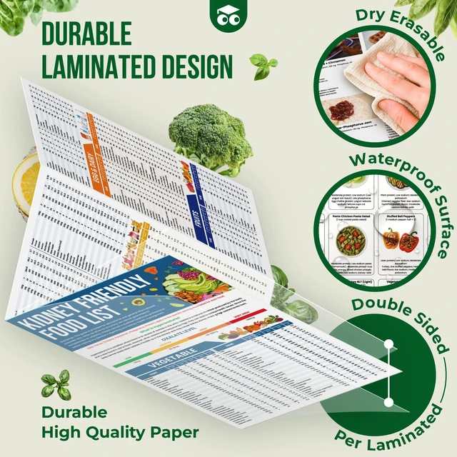 Alt view image 3 of 6 - Laminated Kidney Friendly Food List Chart for CKD & Dialysis, Renal Diet Low Sodium, Potassium & Oxalate Foods, Daily Meal Planning, Recipes & Grocery Support for Kidney Health