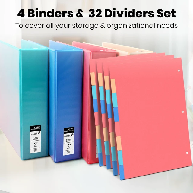 Alt view image 2 of 7 - 2 Inch 3-Ring Binder & 8-Tab Divider Set, 4-Pack, 2 Pockets, D Rings 3-Ring Binder + 8-Tab Divider Set, 2 Interior Pockets, Blank Sticky Labels Included, 4-Pack of Each