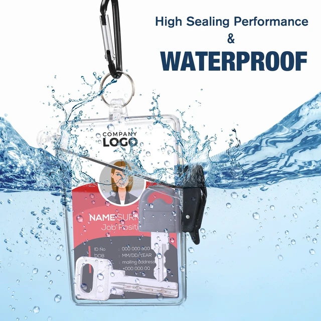 Alt view image 3 of 6 - 16 Pack Waterproof ID Badge Holder Clear Vertical with Lanyard Clip Carabiner Keychain Ring Included, Waterproof Card Case Protects IDs, Transparent Plastic for Office Outdoor Activities