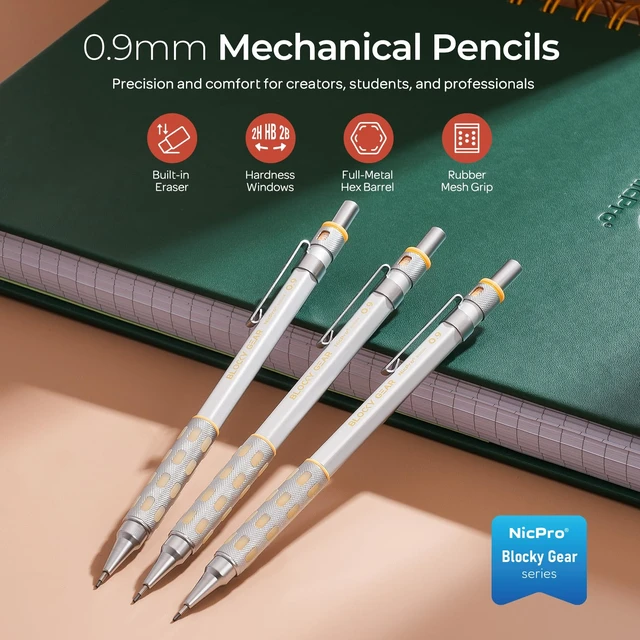 Alt view image 2 of 7 - Blocky Gear 0.9 mm Mechanical Pencils Set in Case, 3 Pack Metal Pencil 8 Tube with Lead Refills 0.9mm (HB 2B), 3 Erasers for Professional & Adult Art Writing Drafting Drawing