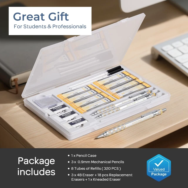 Alt view image 6 of 7 - Blocky Gear 0.9 mm Mechanical Pencils Set in Case, 3 Pack Metal Pencil 8 Tube with Lead Refills 0.9mm (HB 2B), 3 Erasers for Professional & Adult Art Writing Drafting Drawing
