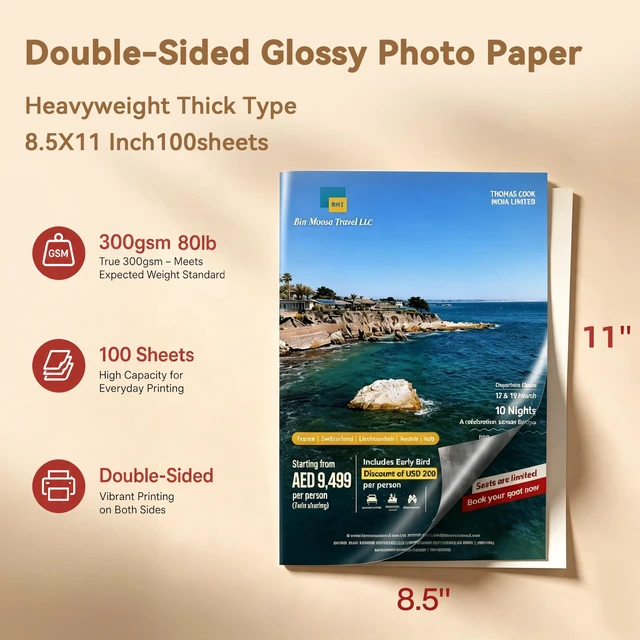Alt view image 2 of 7 - 300gsm Double Sided Glossy Thick Heavyweight Photo Paper 80LB 100 Sheets 8.5x11 Inches for Inkjet Printer and Dye Ink