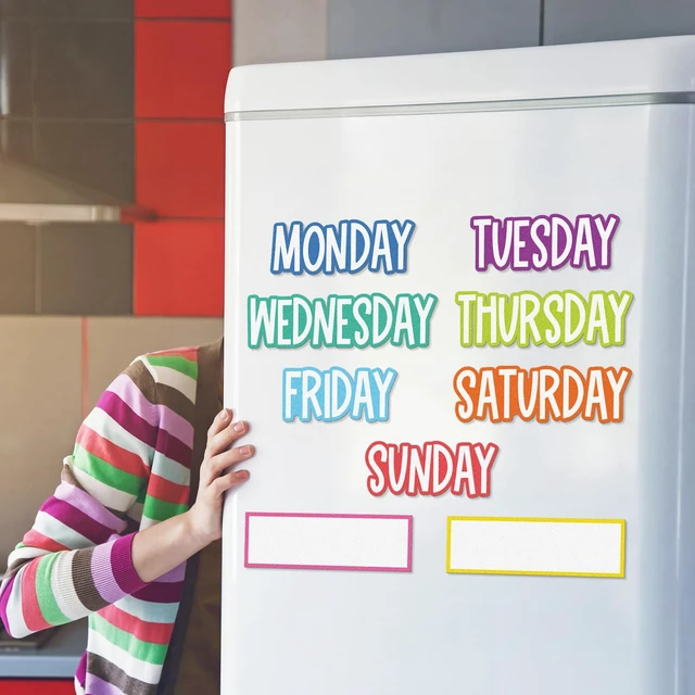 Alt view image 3 of 7 - 9 Pcs Days of the Week Magnets for Whiteboard Calendar,Pastel Colorful Magnetic Weekday Tags for Classroom Fridge Locker, Includes 7 Day Cards with 2 Blank Frames, Reusable Planning Decor
