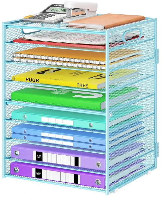 Main image of 9 Tier Paper Organizer with Handle, Large Capacity Desk Organizer Mesh File Folder Letter Paper Tray Desktop Document Sorter for Classroom, School, and Office Accessories Organization- Blue