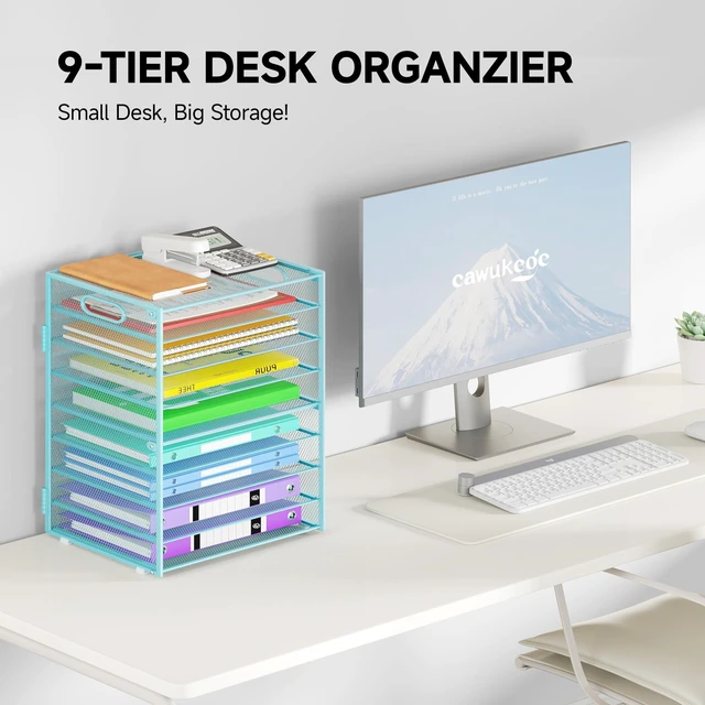 Alt view image 2 of 6 - 9 Tier Paper Organizer with Handle, Large Capacity Desk Organizer Mesh File Folder Letter Paper Tray Desktop Document Sorter for Classroom, School, and Office Accessories Organization- Blue