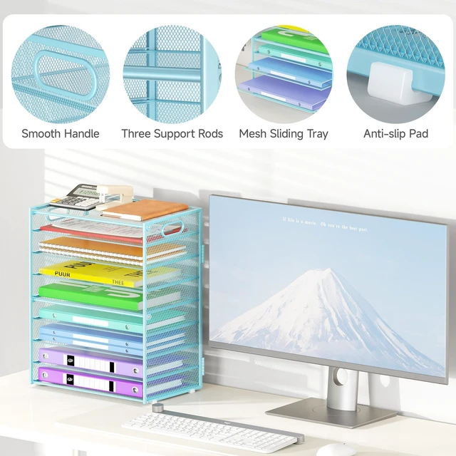 Alt view image 4 of 6 - 9 Tier Paper Organizer with Handle, Large Capacity Desk Organizer Mesh File Folder Letter Paper Tray Desktop Document Sorter for Classroom, School, and Office Accessories Organization- Blue