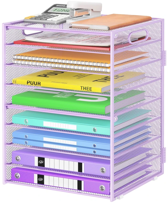 Main image of 9 Tier Paper Organizer with Handle, Purple Large Capacity Desk Organizer Mesh File Folder Letter Paper Tray Desktop Document Sorter for Classroom, School, and Office Accessories Organization