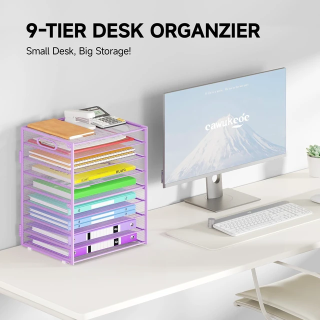 Alt view image 2 of 6 - 9 Tier Paper Organizer with Handle, Purple Large Capacity Desk Organizer Mesh File Folder Letter Paper Tray Desktop Document Sorter for Classroom, School, and Office Accessories Organization