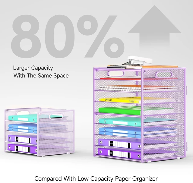 Alt view image 3 of 6 - 9 Tier Paper Organizer with Handle, Purple Large Capacity Desk Organizer Mesh File Folder Letter Paper Tray Desktop Document Sorter for Classroom, School, and Office Accessories Organization