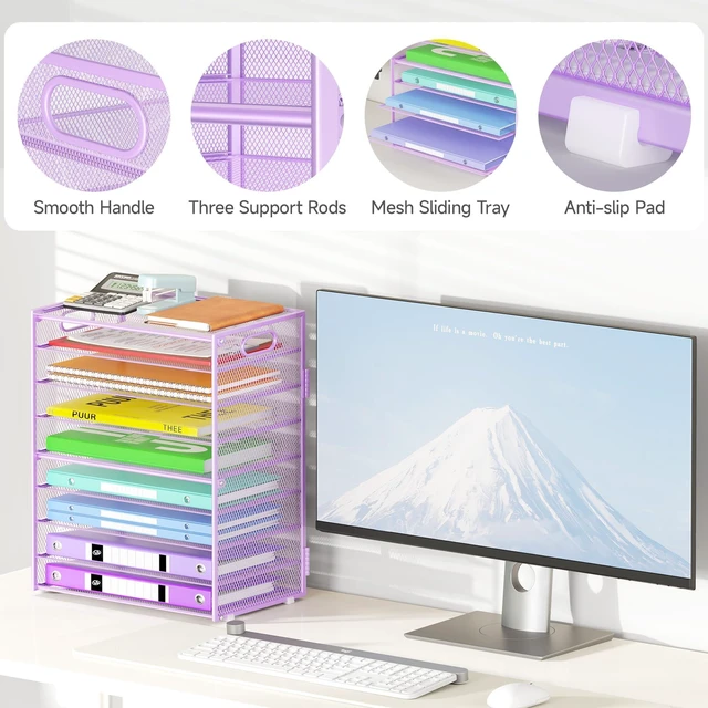 Alt view image 4 of 6 - 9 Tier Paper Organizer with Handle, Purple Large Capacity Desk Organizer Mesh File Folder Letter Paper Tray Desktop Document Sorter for Classroom, School, and Office Accessories Organization